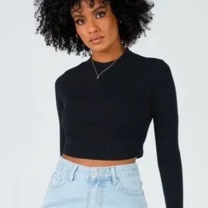 Princess Polly Cora Black Ribbed Crop Top Size 12